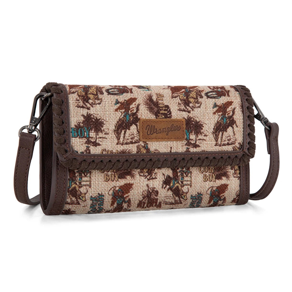 Trestles Clothing Company retro cowboy canvas and PU leather crossbody wallet with whipstitch trim and western print